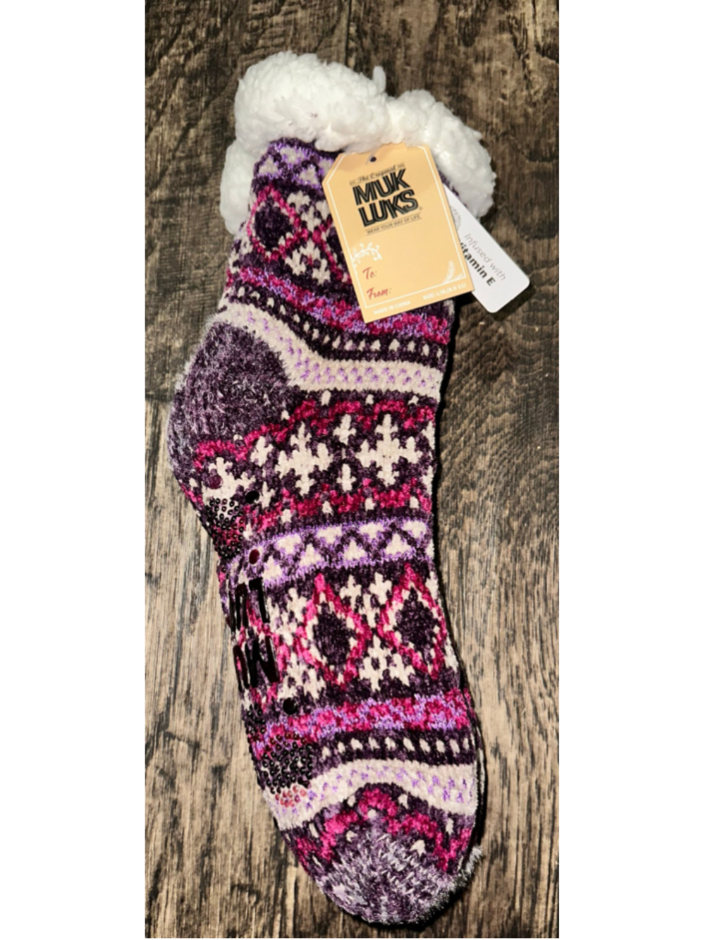 Women's Muk Luks Cozy Slipper Socks L/XL Purple White Fair Isle